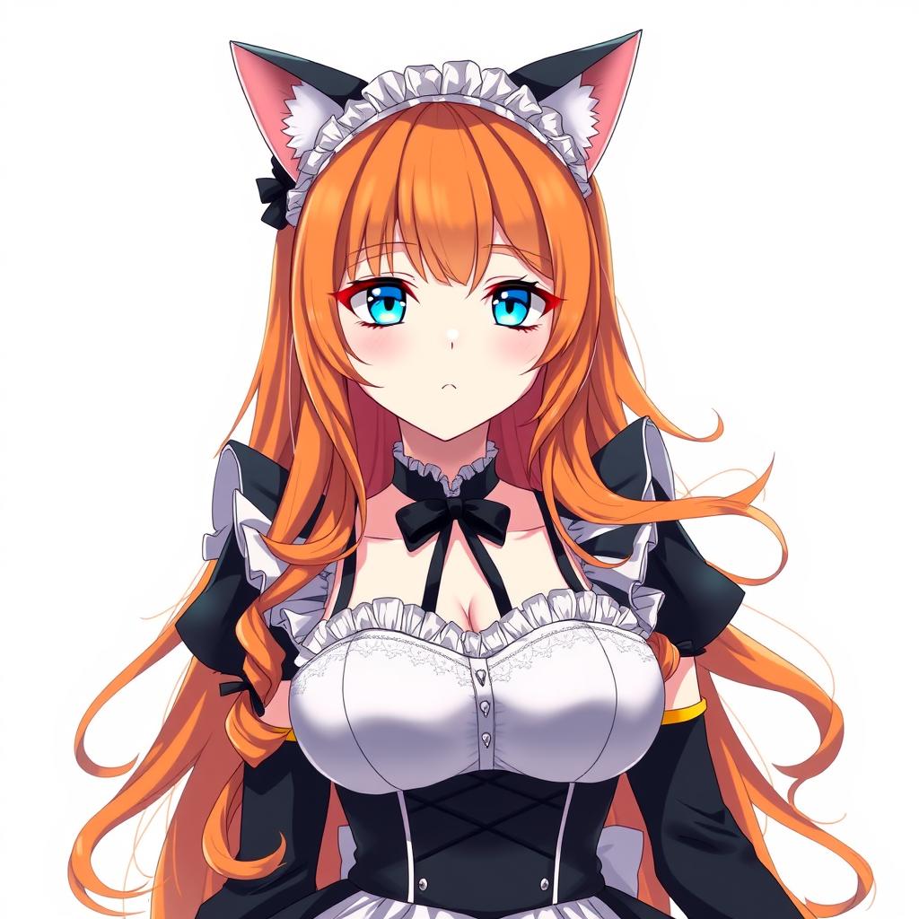 A sexy adult anime girl in a full-length maid costume, designed to accentuate her attractive figure with large breasts