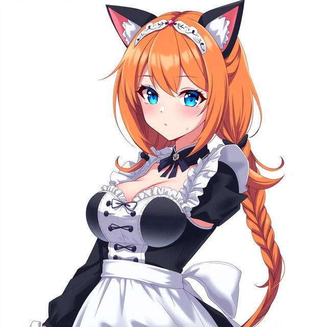 A sexy adult anime girl in a full-length maid costume, designed to accentuate her attractive figure with large breasts