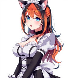 A sexy adult anime girl in a full-length maid costume, designed to accentuate her attractive figure with large breasts