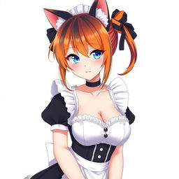 A sexy adult anime girl in a full-length maid costume, designed to accentuate her attractive figure with large breasts