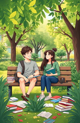 An illustration of a pair of university students sitting on a park bench in a campus garden, surrounded by books scattered around them