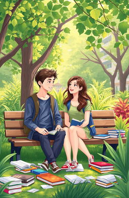 An illustration of a pair of university students sitting on a park bench in a campus garden, surrounded by books scattered around them