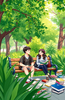 An illustration of a pair of university students sitting on a park bench in a campus garden, surrounded by books scattered around them