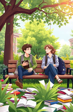 An illustration of a pair of university students sitting on a park bench in a campus garden, surrounded by books scattered around them