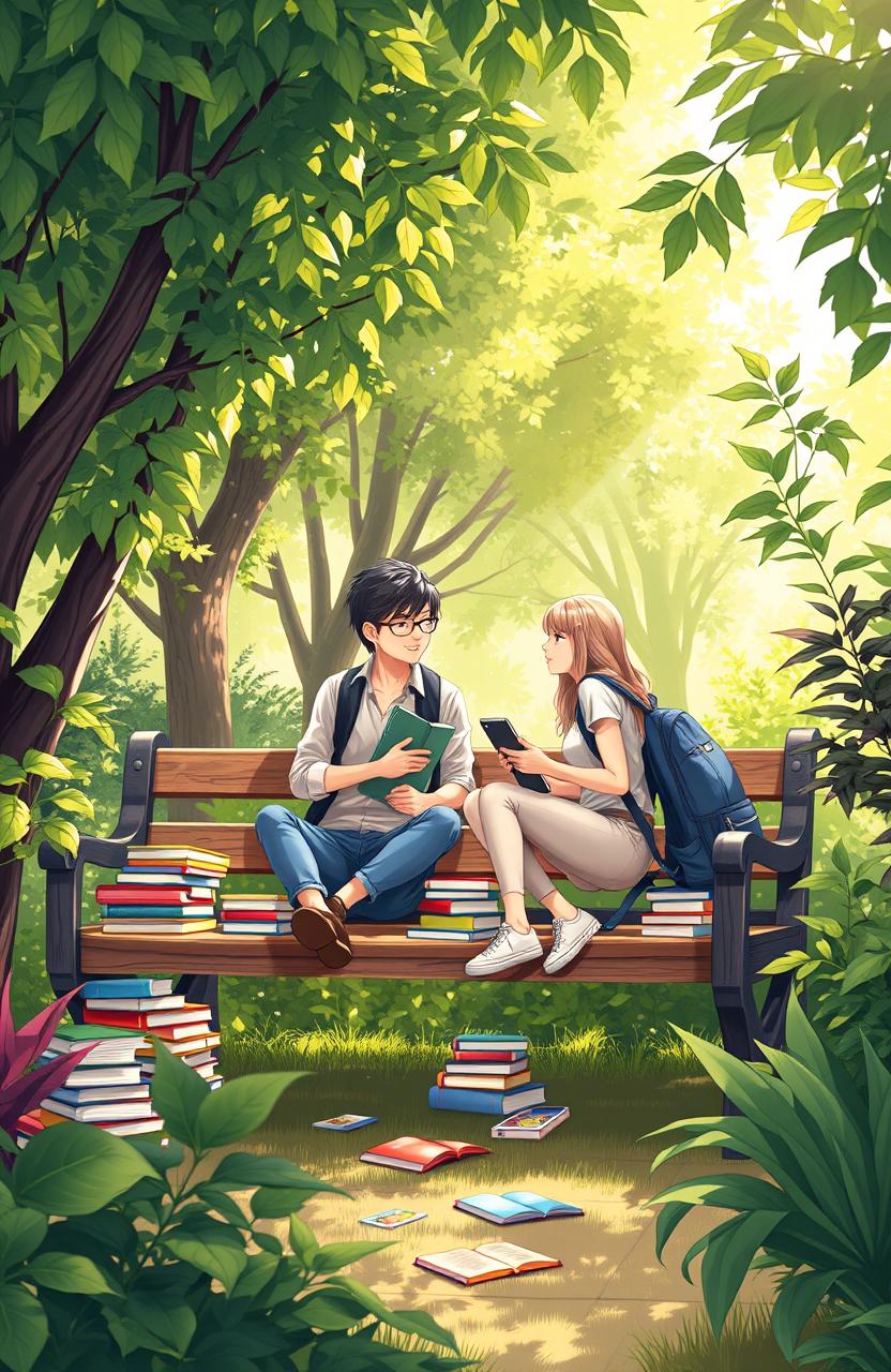 An illustration of two students sitting together on a wooden campus garden bench, engaged in a lively conversation