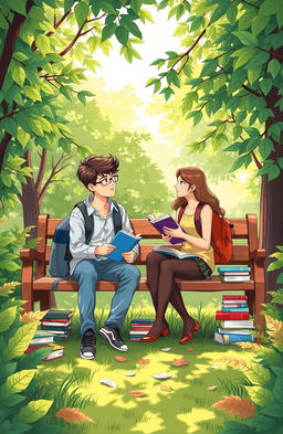 An illustration of two students sitting together on a wooden campus garden bench, engaged in a lively conversation