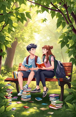 An illustration of two students sitting together on a wooden campus garden bench, engaged in a lively conversation