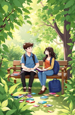 An illustration of two students sitting together on a wooden campus garden bench, engaged in a lively conversation