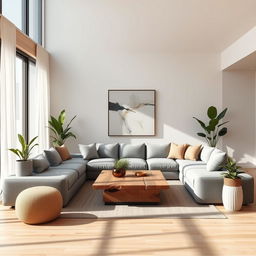 A modern and stylish interior design concept featuring a cozy living room with a minimalist aesthetic