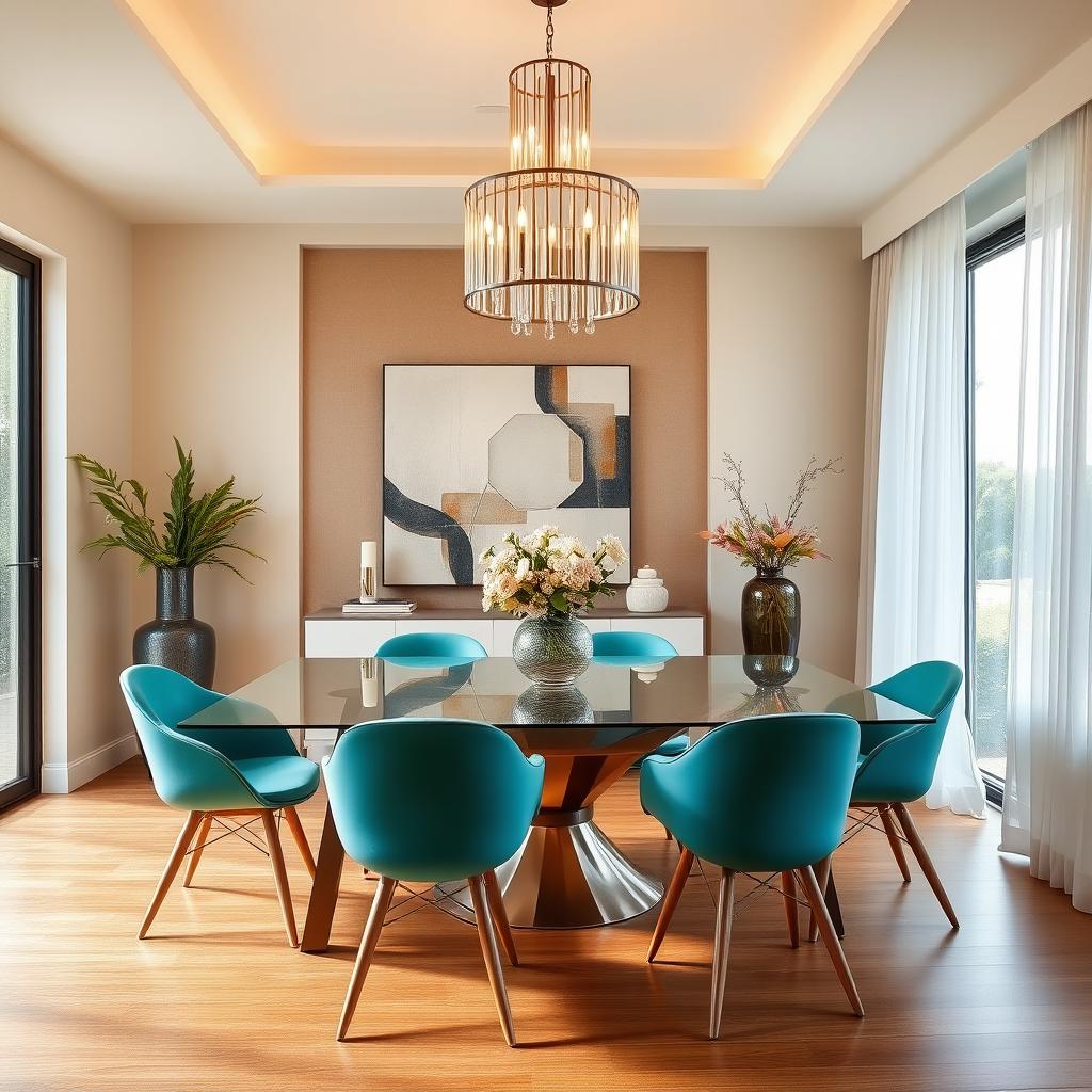 A contemporary interior design setup showcasing a sophisticated dining room