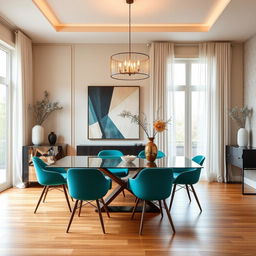 A contemporary interior design setup showcasing a sophisticated dining room