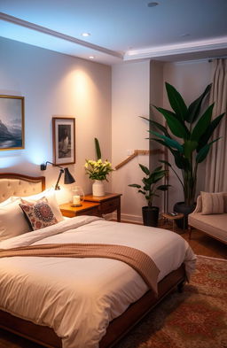 A beautifully designed bedroom featuring a luxurious bed with a plush comforter and decorative pillows, soft ambient lighting, elegant wooden furniture, and lush decorative plants