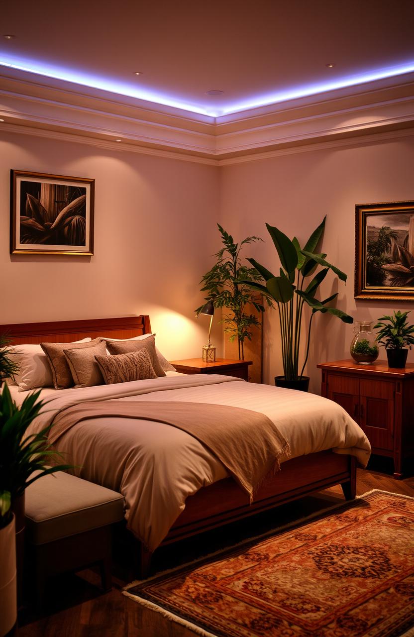 A beautifully designed bedroom featuring a luxurious bed with a plush comforter and decorative pillows, soft ambient lighting, elegant wooden furniture, and lush decorative plants