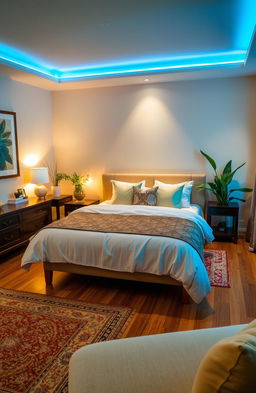 A beautifully designed bedroom featuring a luxurious bed with a plush comforter and decorative pillows, soft ambient lighting, elegant wooden furniture, and lush decorative plants