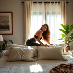 A serene bedroom scene featuring a woman gracefully leaning over the edge of a beautifully made bed with elegant linens and fluffy pillows