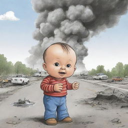 Create an extremely simple and baby-friendly editorial cartoon that conceptually represents the ongoing issues related to man-made disasters.