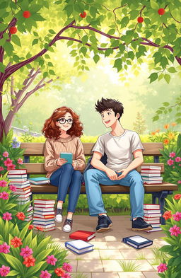 An illustration of two students sitting on a campus garden bench, immersed in conversation