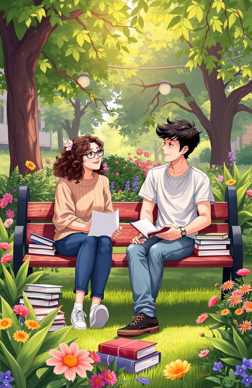 An illustration of two students sitting on a campus garden bench, immersed in conversation