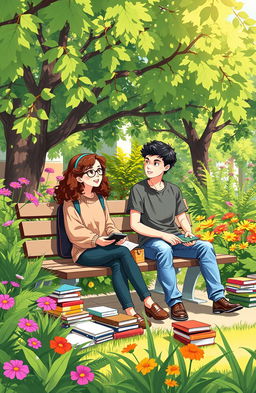 An illustration of two students sitting on a campus garden bench, immersed in conversation