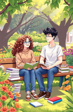 An illustration of two students sitting on a campus garden bench, immersed in conversation