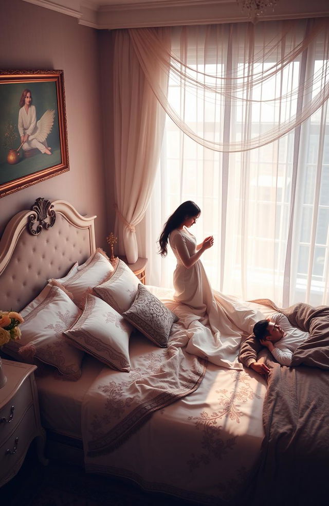 A beautifully decorated bedroom scene featuring a couple's bed, showcasing intricate bed linens and soft pillows