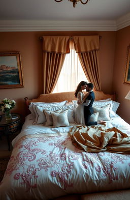 A beautifully decorated bedroom scene featuring a couple's bed, showcasing intricate bed linens and soft pillows