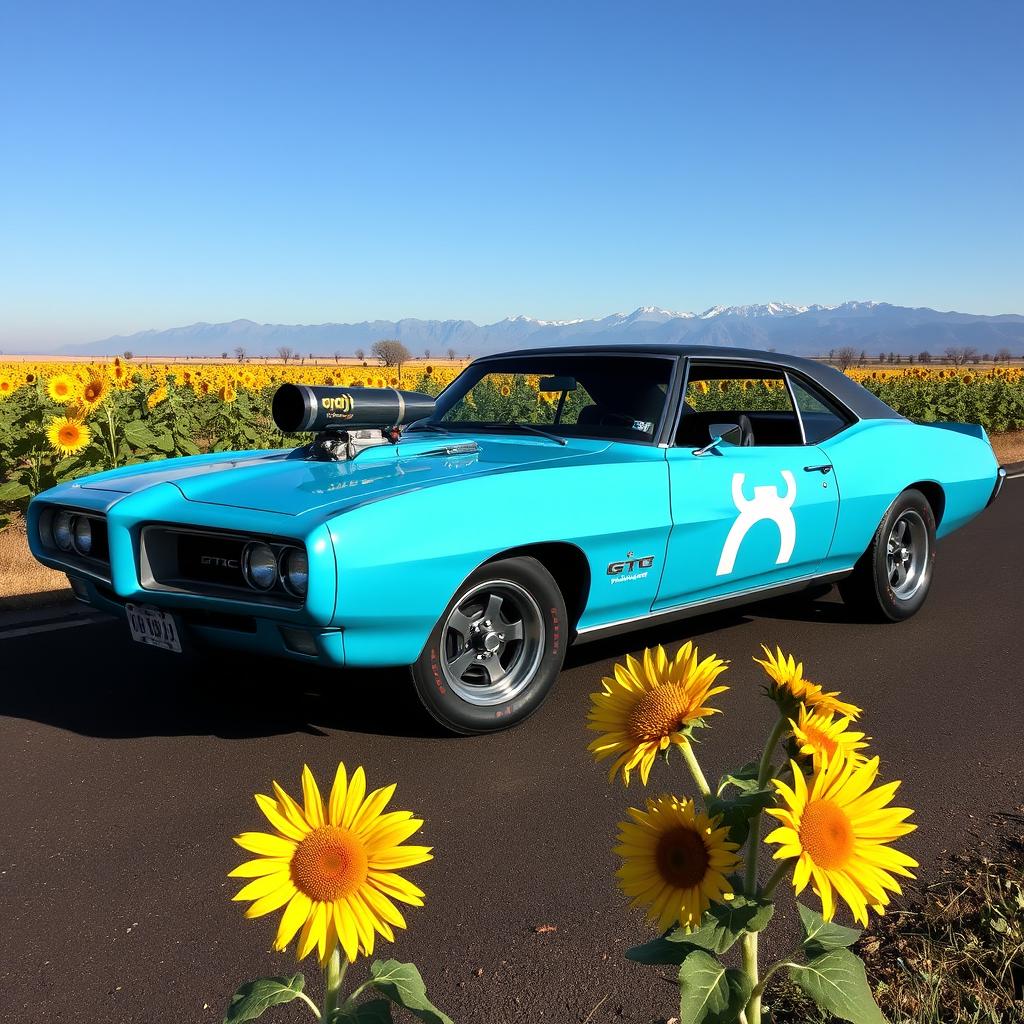 A striking cyan Pontiac GTO Firebird featuring an exterior engine blower, showcasing its powerful muscle car look