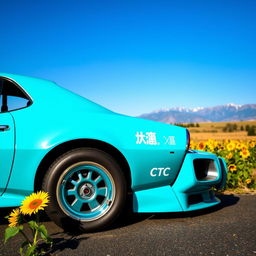 A striking cyan Pontiac GTO Firebird featuring an exterior engine blower, showcasing its powerful muscle car look