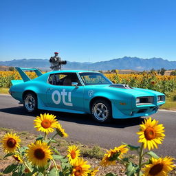 A striking cyan Pontiac GTO Firebird featuring an exterior engine blower, showcasing its powerful muscle car look