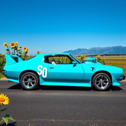 A striking cyan Pontiac GTO Firebird featuring an exterior engine blower, showcasing its powerful muscle car look