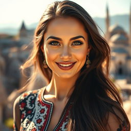 A stunning woman with long, flowing dark hair, captivating green eyes, and a warm, inviting smile, styled in a glamorous fashion