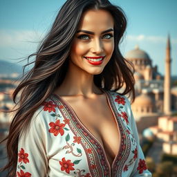 A stunning woman with long, flowing dark hair, captivating green eyes, and a warm, inviting smile, styled in a glamorous fashion