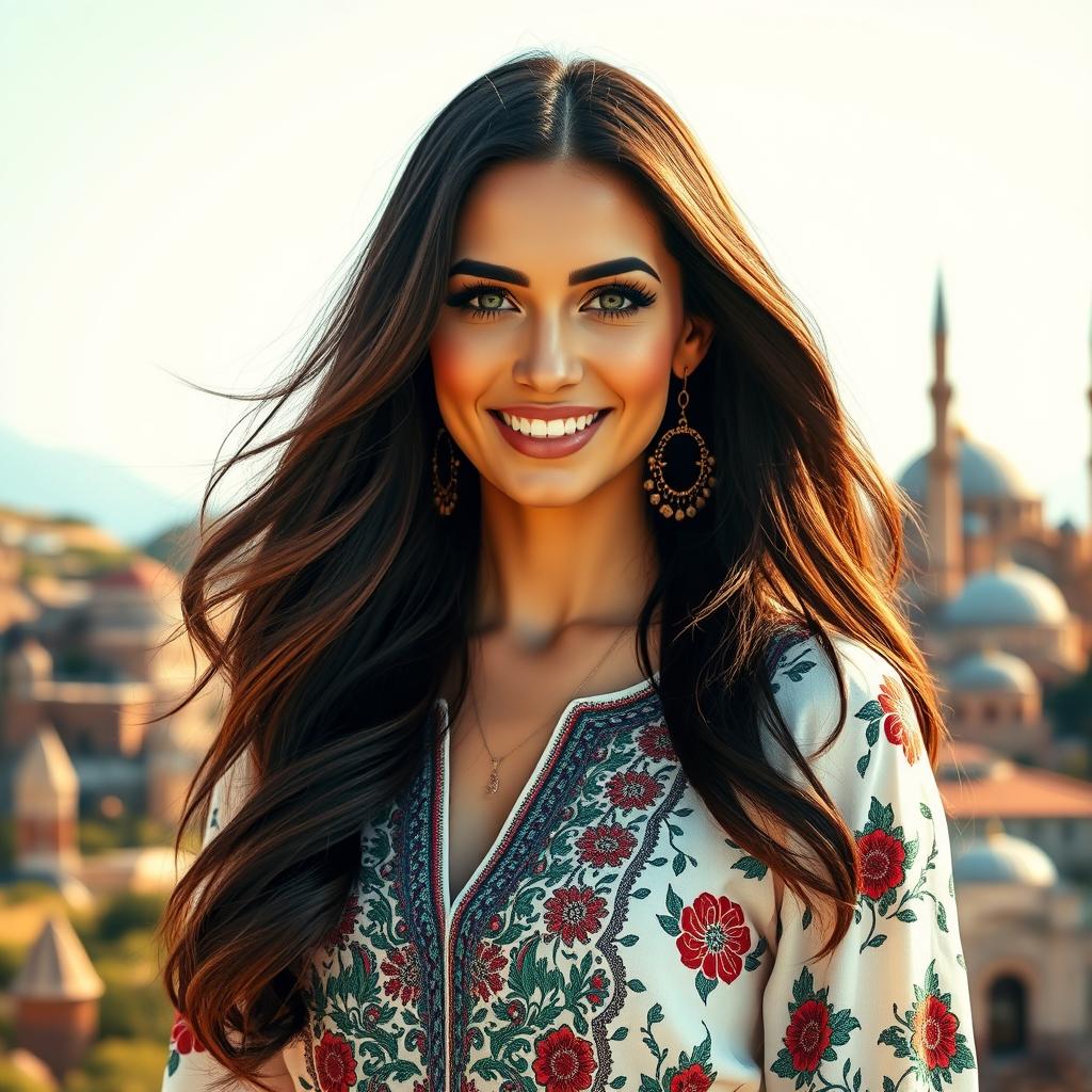 A stunning woman with long, flowing dark hair, captivating green eyes, and a warm, inviting smile, styled in a glamorous fashion