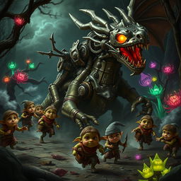 A scene featuring small, mischievous goblins in various shades of green and brown, fleeing in panic from a massive, intricately designed mechanical dragon