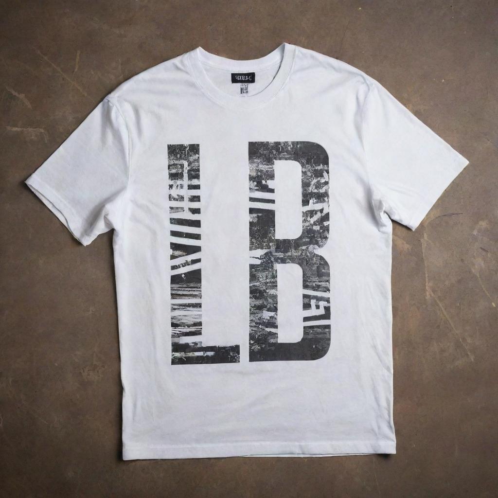 A grungy white t-shirt featuring 'B L D Z' in bold letters spread across the front and adorned with various distinct designs that starkly stand out against the shirt's dirty backdrop.