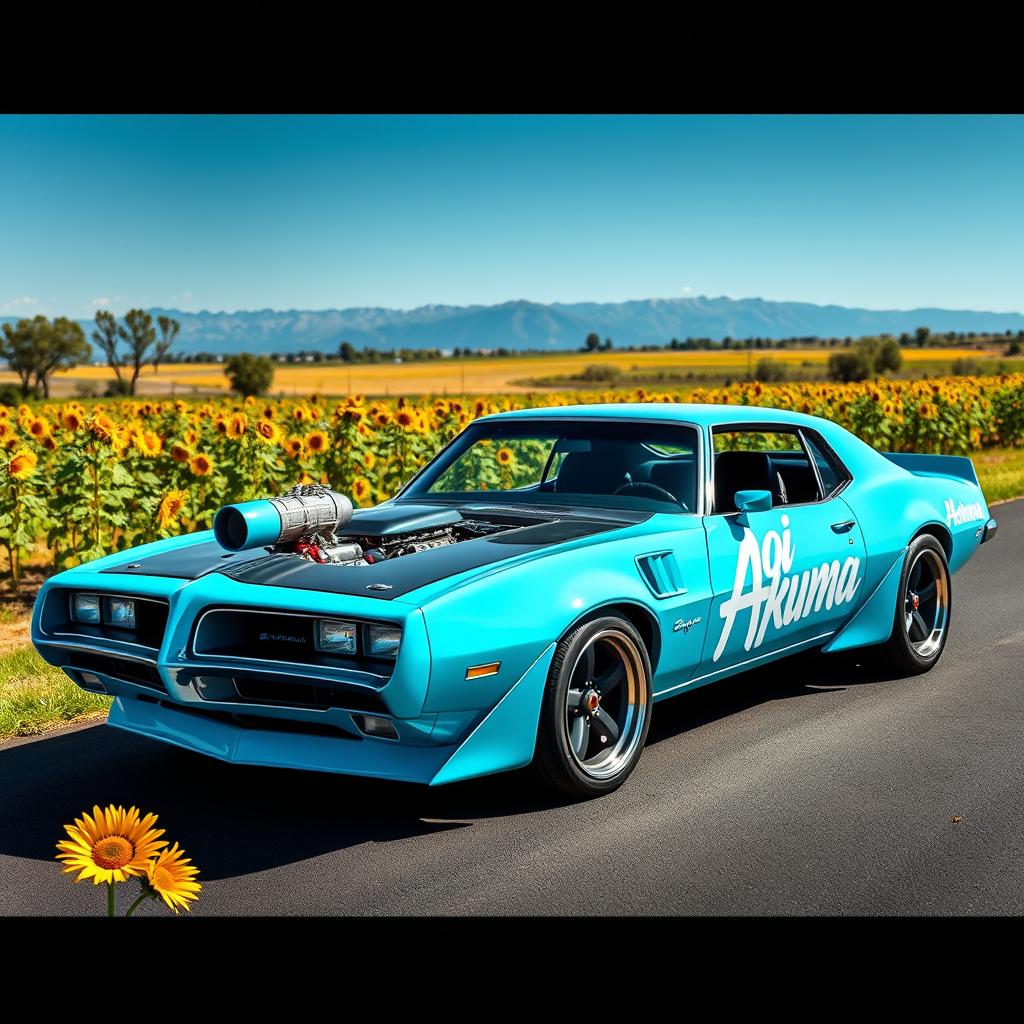 A vibrant cyan Pontiac GTO Firebird with an impressive exterior engine blower, prominently featuring bold white 'Aoi Akuma' vinyl graphics on the side door