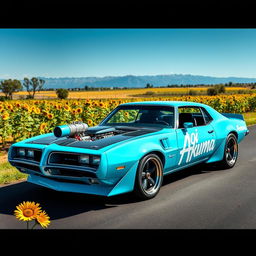 A vibrant cyan Pontiac GTO Firebird with an impressive exterior engine blower, prominently featuring bold white 'Aoi Akuma' vinyl graphics on the side door