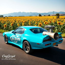 A vibrant cyan Pontiac GTO Firebird with an impressive exterior engine blower, prominently featuring bold white 'Aoi Akuma' vinyl graphics on the side door