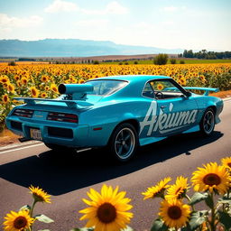 A vibrant cyan Pontiac GTO Firebird with an impressive exterior engine blower, prominently featuring bold white 'Aoi Akuma' vinyl graphics on the side door