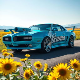 A vibrant cyan Pontiac GTO Firebird with an impressive exterior engine blower, prominently featuring bold white 'Aoi Akuma' vinyl graphics on the side door