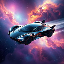 A futuristic flying car soaring through the vastness of space, surrounded by colorful nebulae and distant stars