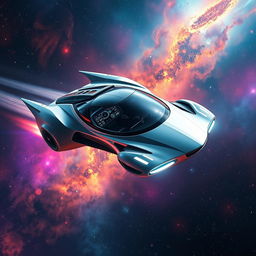 A futuristic flying car soaring through the vastness of space, surrounded by colorful nebulae and distant stars