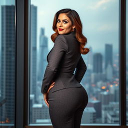 A stunning Turkish businesswoman resembling a well-known adult film star, characterized by a curvy figure and an impressive butt