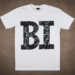 A grungy white t-shirt featuring 'B L D Z' in bold letters spread across the front and adorned with various distinct designs that starkly stand out against the shirt's dirty backdrop.