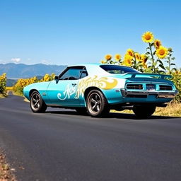 A vibrant cyan Pontiac GTO Firebird, featuring a striking white 'Aoi Akuma' vinyl graphic on the side door