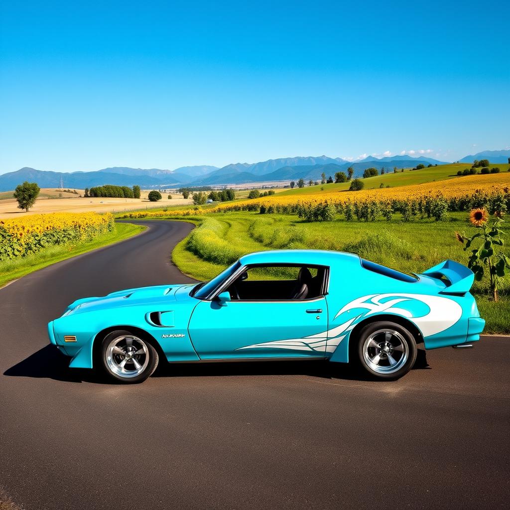 A vibrant cyan Pontiac GTO Firebird, featuring a striking white 'Aoi Akuma' vinyl graphic on the side door