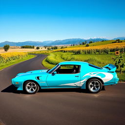 A vibrant cyan Pontiac GTO Firebird, featuring a striking white 'Aoi Akuma' vinyl graphic on the side door