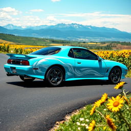 A vibrant cyan Pontiac GTO Firebird, featuring a striking white 'Aoi Akuma' vinyl graphic on the side door