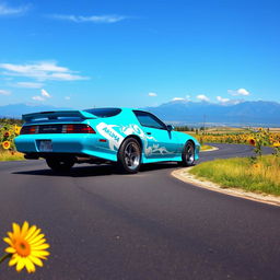 A vibrant cyan Pontiac GTO Firebird, featuring a striking white 'Aoi Akuma' vinyl graphic on the side door