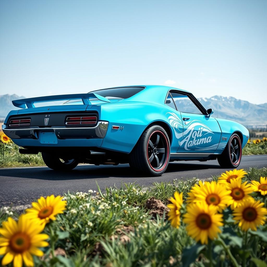 A vibrant cyan Pontiac GTO Firebird captured from the front side, showcasing its dynamic design and powerful stance